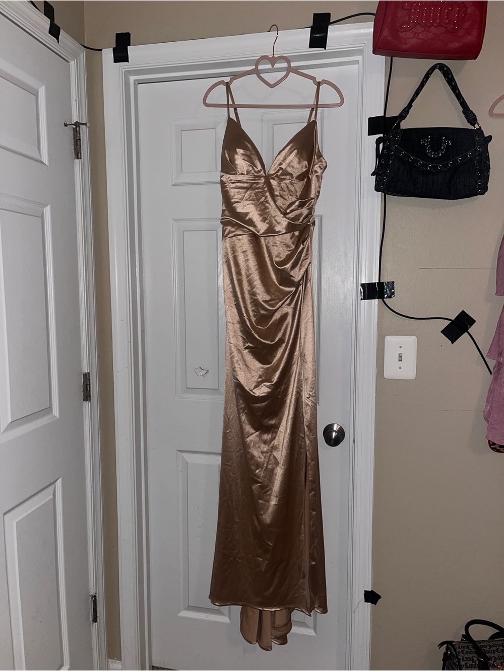 Windsor Champagne Satin Spaghetti-Strap Maxi Dress with slit